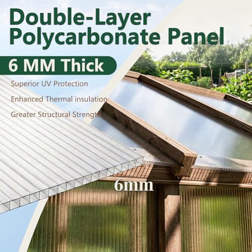 6x12 FT Greenhouse for Outdoors Cedar Wood Green House with 6MM Polycarbonate Panel & Adjustable Vents Walk in Greenhouses Kit for Outdoor,Backyard,Garden