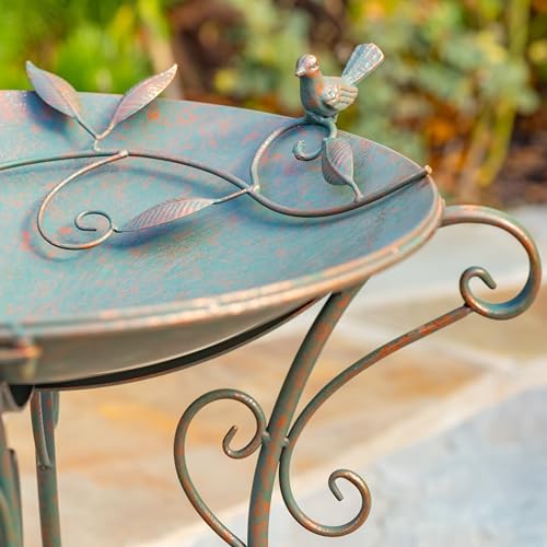 Zaer Ltd. Deep Metal Birdbath with 2 Cast Iron Birds on Rim, Branch and Leaf Detail in Basin, and Porcelain Ball Accent Decoration on Stand (Aged Bronze)