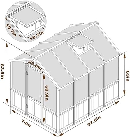 Mupater 6 x 8 FT Wooden Polycarbonate Greenhouse with Ventilated