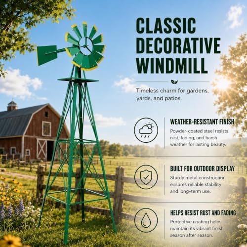 8FT Windmill for Yard Garden Decoration，Heavy Duty Outdoor Wind Mills, Large Metal Outdoor Windmill, Weather Resistant,Green