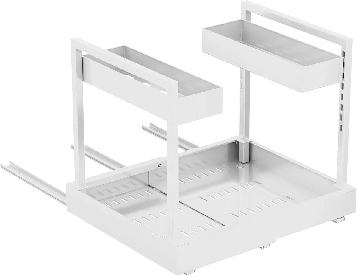 NEWMATIC Adjustable Under Sink Organizer Pull Out Drawers, 2-Tier Slide Out Cabinet Storage Shelf for Kitchen Sink, Height & Width Extendable White, 15''D x 13''-20.5''W x 15''H(1Pack) - Field & Nook