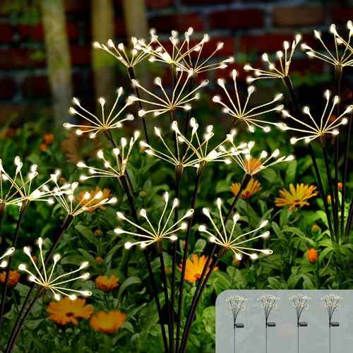 Solar Garden Light 4 Pack Outdoor Waterproof Firework Lights with 240 LEDs Twinkling Fairy Solar Lights Outdoor Garden Yard Pathway Decor, Gardening Gifts for Women Mothers Day (Warm White)