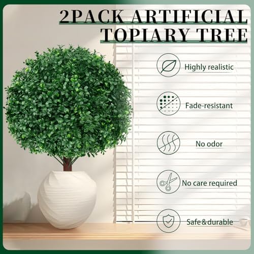2Pcs Artificial Boxwood Topiary Ball Trees,Faux Boxwood Shrubs