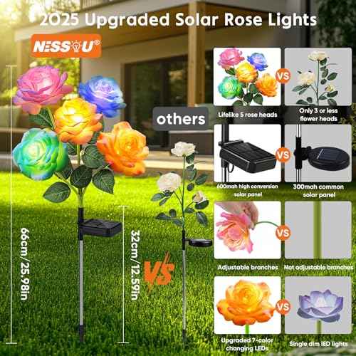 Solar Flower Lights Rose Decor: 6 Pack Solar Garden Lights Outdoor | Color Changing, Auto on off for 12-15h Lighting, IP65 Weatherproof, High-Efficiency Solar Panel for Yard Pathway Patio Decor
