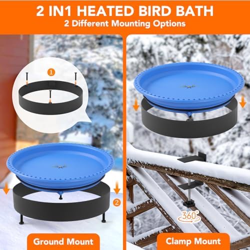 Yiabivo 2 in 1 Heated Bird Bath for Outdoors for Winter,75W Bird Bath Heater with Thermostatically Controlled，Heated Bird Bath for Deck Railing for All Seasons Outdoor Garden Yard Patio Lawn(Blue)