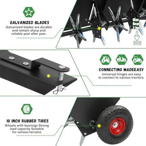 Doniks 48-Inch Tow Behind Lawn Plug Aerator with Universal Hitch, Lawn Aerator Tow Behind with 30 Galvanised Steel Tines,Tray and Inflatable Wheels for Gardens, Lawns, Farms