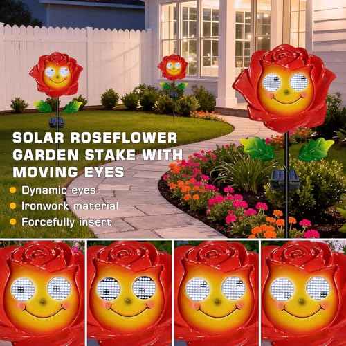 Solar Garden Light Waterproof Smile Rose Decor with Moving Eyes | Iron construction, for garden yard patio, solar powered, animated moving eyes smile, gift for mom grandma,Christmas decor