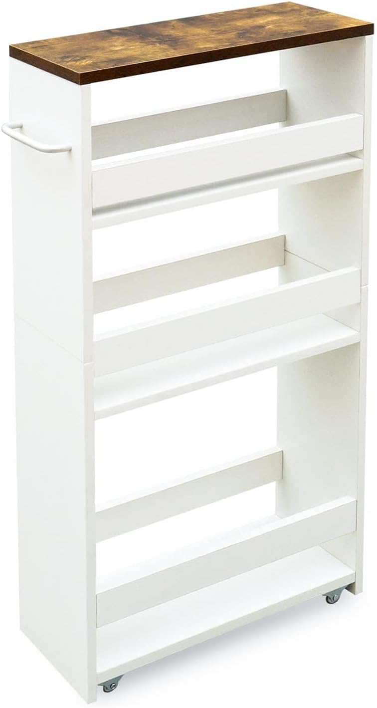 Slim Rolling Storage Cart – Wood 4-Tier Narrow Kitchen/Laundry Cart - Field & Nook