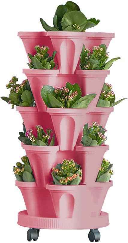 Vertical Planter 5 Tiered,Stackable Planters for Strawberry Herb Flower and Vegetable Stacking Garden Tower Gardening Pots with Removable Wheels and Bottom Indoor Outdoor