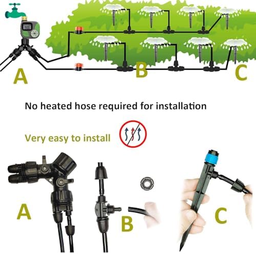 64FT Drip Irrigation Kit with Garden Timer Plant Watering System with Tubing Gushing Nozzles and Water Timer, Quick Connector Kits Easy to Assemble
