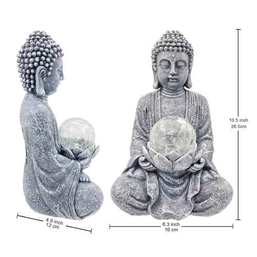 Meditating Buddha Statue with Solar Light,Zen Solar Garden Buddha with Cracked Glass Ball Sculpture-Indoor/Outdoor Decor for Balcony,Garden,Patio,Porch Yard Art Ornament,Gift