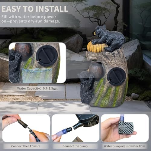 Bear Outdoor Water Fountain with LED Lights, 23.62" Cascading Fountain for Patio, Yard, Balcony, Garden Decor, Weather-Resistant Resin, Soothing Water Flow (Brown Grey)