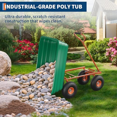 Heavy Duty Yard Wagon Dump Cart - 4 Cu Ft 1200Lbs Capacity Utility Wagon with 10" No-Flat Tires,Garden 4 Wheel Cart,180° Rotating Handle for Garden, Landscaping, Farming