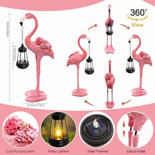 Flamingo Solar Garden Statue, 18.9 Inch Flamingo Figurine with Hanging Solar Lanterns, Outdoor Garden Decor Tropical Sculpture Statues for Patio Yard Porch, Birthday Gifts for Mom Women Mother's Day
