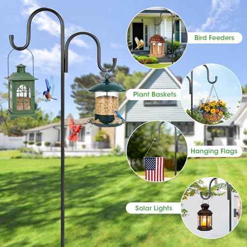 79 Inch Double Shepherds Hooks for Outdoor, Heavy Duty Bird Feeder Pole with 5 Prong Base for Hanging Lantern, Hummingbird Feeder, Lightweight Plant, Shepherd Hook for Bird Feeder for Outside, 2 Packs