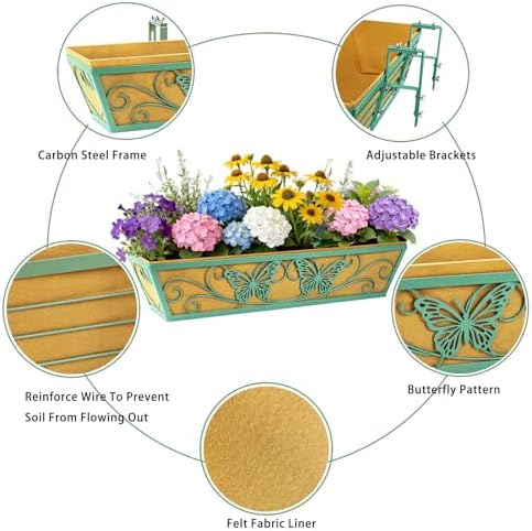 2 Pack 24 Inch Window Boxes Planter for Outdoor Plants Deck Railing Planters Box with Adjustable Brackets for Porch Fence Balcony Hanging Flower Baskets with Liner for Garden Décor - Green