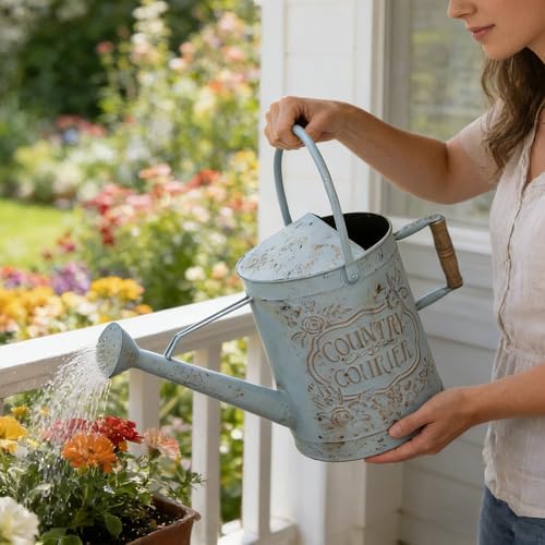 Vintage Metal Watering Can with Country Corner Floral Emboss & Wooden