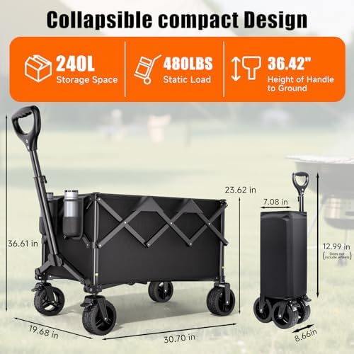 Collapsible Wagon Cart, 480lbs Heavy Duty Wagon with All-Terrain