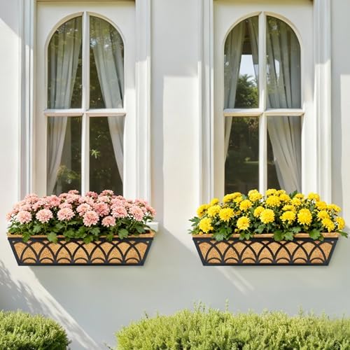 24 Inch Railing Planter Box Window Boxes Planters - 2 Pack Deck Railing Planter Boxes with Adjustable Brackets Coco Liners Balcony Planters Railing Hanging for Window Flower Boxes Outdoor Garden Decor