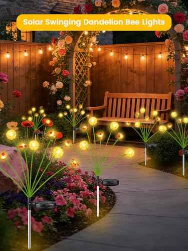 Solar Garden Lights Outdoor 6 Pack 48 LED Swaying Dandelion Bee Lights | 2 Modes (Steady on, Slow Twinkle),Cute Flower Pathway Lights for Yard Lawn Patio Party Garden Wedding Pathway Decorations