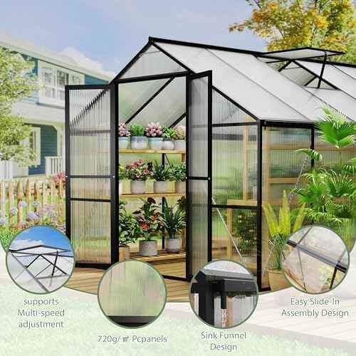 8 x 12 FT Outdoor Greenhouse, Heavy-Duty Polycarbonate Greenhouse with Aluminum Frame, Lockable Door, Adjustable Roof Vent, Walk-in Green House for Backyard, Garden, Patio
