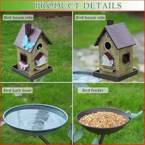 Cast Iron Pedestal Bird Baths for Outdoors，Metal Bird Bath and Bird House