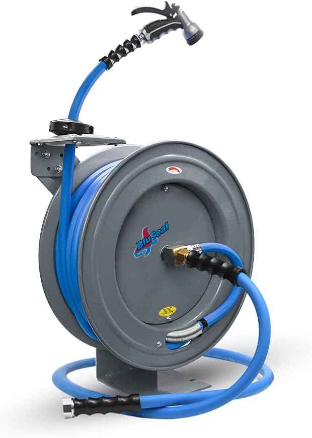 Auto Retractable Water Hose Reel with Hot & Cold Water Rubber Garden Hose, Spray Nozzle - Ultra Light, Super Strong with 6' Lead-in Hose (5/8” x 50’ Grey)