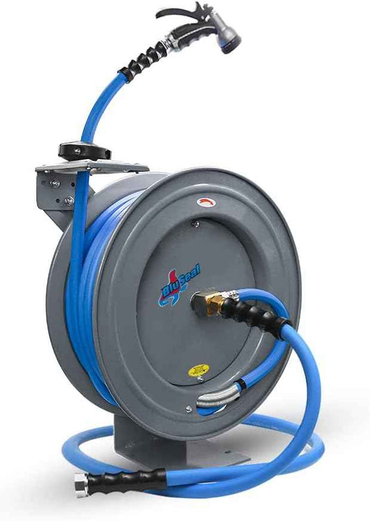 Auto Retractable Water Hose Reel with Hot & Cold Water Rubber Garden Hose, Spray Nozzle - Ultra Light, Super Strong with 6' Lead-in Hose (5/8” x 50’ Grey)