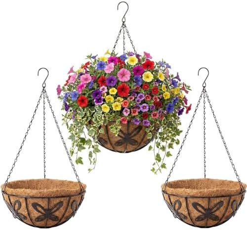3 Pack Hanging Baskets for Plants Outdoor 12 Inch Butterfly Metal Hanging Planters with Coco Coir Liner, Round Hanging Flower Basket for Home Garden Patio Balcony Porch