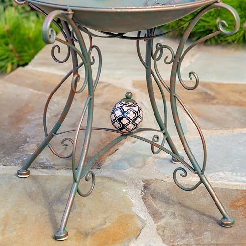 Zaer Ltd. Deep Metal Birdbath with 2 Cast Iron Birds on Rim, Branch and Leaf Detail in Basin, and Porcelain Ball Accent Decoration on Stand (Aged Bronze)