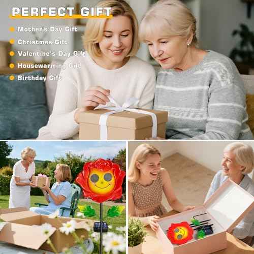 Solar Garden Light Waterproof Smile Rose Decor with Moving Eyes | Iron construction, for garden yard patio, solar powered, animated moving eyes smile, gift for mom grandma,Christmas decor