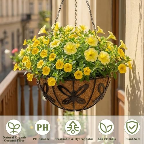 3 Pack Hanging Baskets for Plants Outdoor 12 Inch Butterfly Metal Hanging Planters with Coco Coir Liner, Round Hanging Flower Basket for Home Garden Patio Balcony Porch