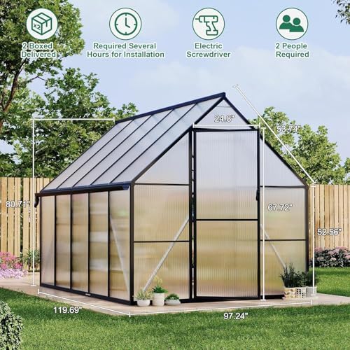 Greenhouse 8x10 FT Aluminum-Framed Heavy Duty Polycarbonate with Quick Setup Structure and Roof Vent, Large Enhanced Outdoors Green House Kit
