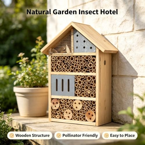 Lovebirds Natural Wooden Insect House, Cottage-Style bee Houses for the Garden - Weatherproof Insect Hotel Garden Decor for Backyard/Patio