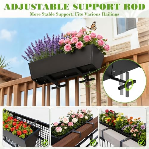 36 Inch Railing Planter Boxes, Heavy Duty Metal Hanging Planters with Adjustable Brackets, Outdoor Balcony Flower Box for Deck, Fence, Porch Railings