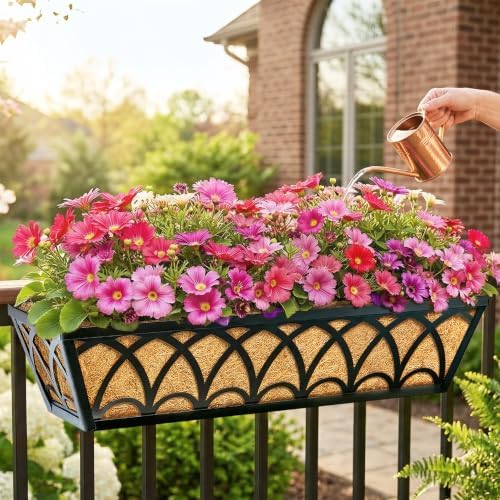 24 Inch Railing Planter Box Window Boxes Planters - 2 Pack Deck Railing Planter Boxes with Adjustable Brackets Coco Liners Balcony Planters Railing Hanging for Window Flower Boxes Outdoor Garden Decor
