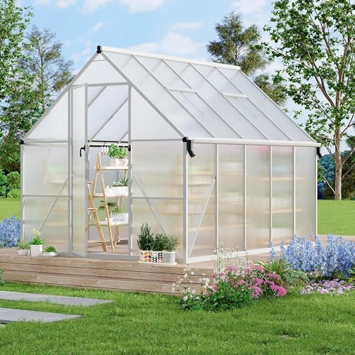 8x10 FT Greenhouse for Outdoors, Polycarbonate Greenhouse with Roof Vent, Lockable Door, Aluminum Walk-in Green Houses for Outside Garden Backyard, Sliver