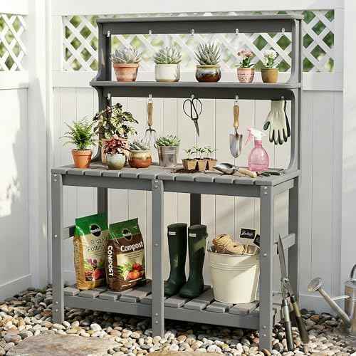 Outdoor Potting Bench with 3 Tier, All-Weather Patio Potting Table with Tool Hooks, HDPE Gardening Table for Backyard, Garden, Grey
