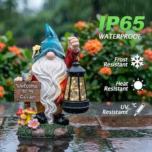 Garden Gnome Statues Figurine Lights - Solar Powered Lighting Outdoor Decorations with Lantern & Welcome Sign, Yard Art Lawn Ornaments for Porch Patio Balcony - Gnome Gifts for Women Mom
