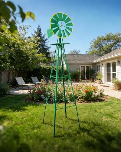 8FT Windmill for Yard Garden Decoration，Heavy Duty Outdoor Wind Mills, Large Metal Outdoor Windmill, Weather Resistant,Green