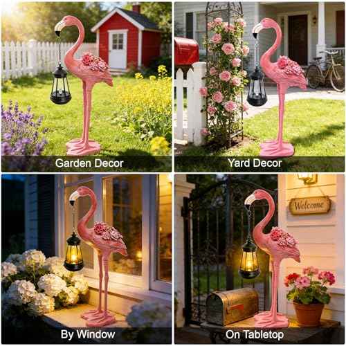Flamingo Solar Garden Statue, 18.9 Inch Flamingo Figurine with Hanging Solar Lanterns, Outdoor Garden Decor Tropical Sculpture Statues for Patio Yard Porch, Birthday Gifts for Mom Women Mother's Day