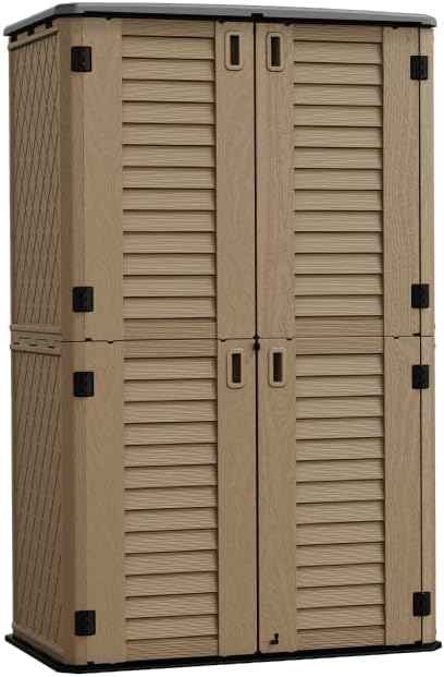 HOMSPARK Storage Shed Weather Resistance, Multi-Purpose Outdoor Storage Cabinet for Backyards and Patios, Horizontal Storage Shed for Lawnmower, Patio Accessories (Coffee, Tall - 53 cu.ft)