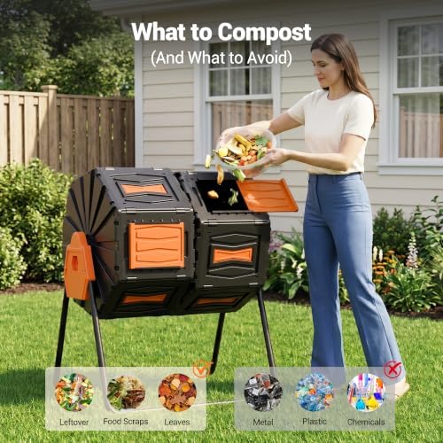 Composter Tumbler Outdoor, 45Gal Dual Chamber Batch Rotating Compost