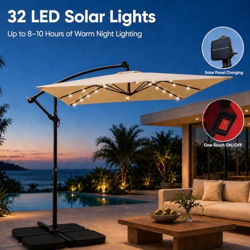 BNSPLY 8x8FT Patio Umbrella, Outdoor Offset Umbrella with Cross Base