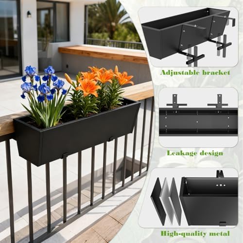 36 Inch Railing Planter Boxes, Heavy Duty Metal Hanging Planters with Adjustable Brackets, Outdoor Balcony Flower Box for Deck, Fence, Porch Railings