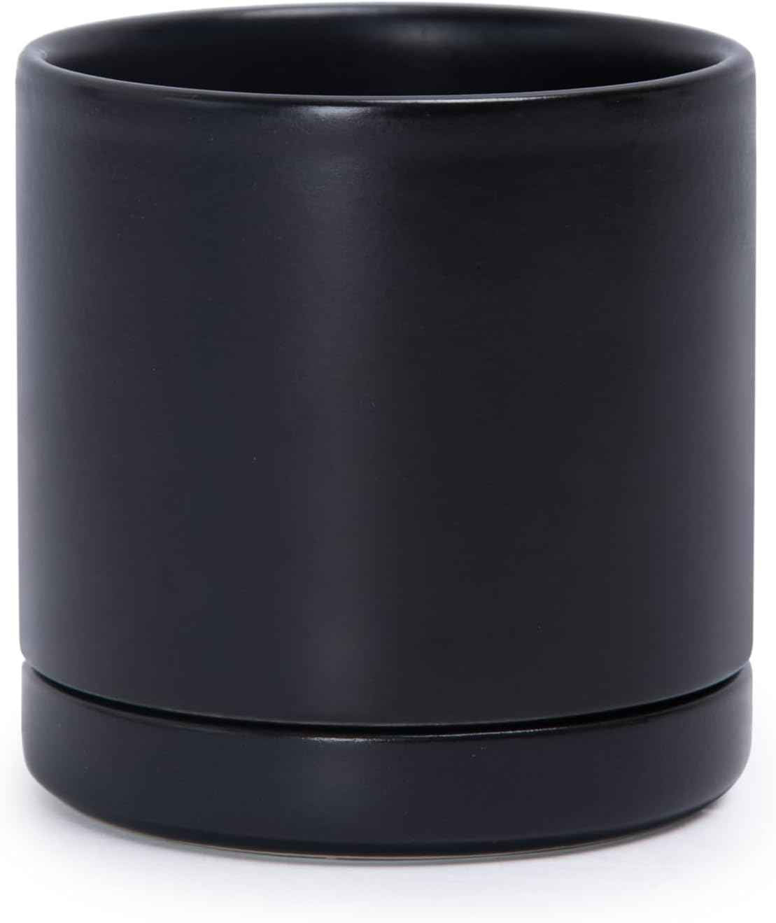 D'vine Dev 3.5 Inch Ceramic Planter Pot with Drainage Hole and Saucer, Indoor Cylinder Round Planter Pot, Black, 94-O-A-2