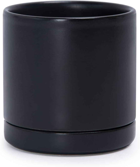 D'vine Dev 3.5 Inch Ceramic Planter Pot with Drainage Hole and Saucer, Indoor Cylinder Round Planter Pot, Black, 94-O-A-2