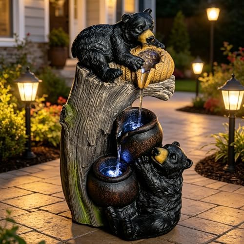 Bear Outdoor Water Fountain with LED Lights, 23.62" Cascading Fountain for Patio, Yard, Balcony, Garden Decor, Weather-Resistant Resin, Soothing Water Flow (Brown Grey)