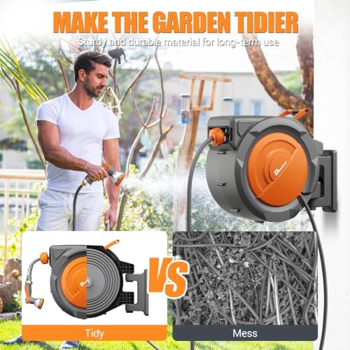 Retractable Garden Hose, 5/8" × 110 ft Wall Mounted Garden Hose Reel