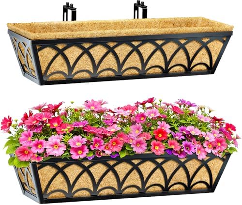 24 Inch Railing Planter Box Window Boxes Planters - 2 Pack Deck Railing Planter Boxes with Adjustable Brackets Coco Liners Balcony Planters Railing Hanging for Window Flower Boxes Outdoor Garden Decor